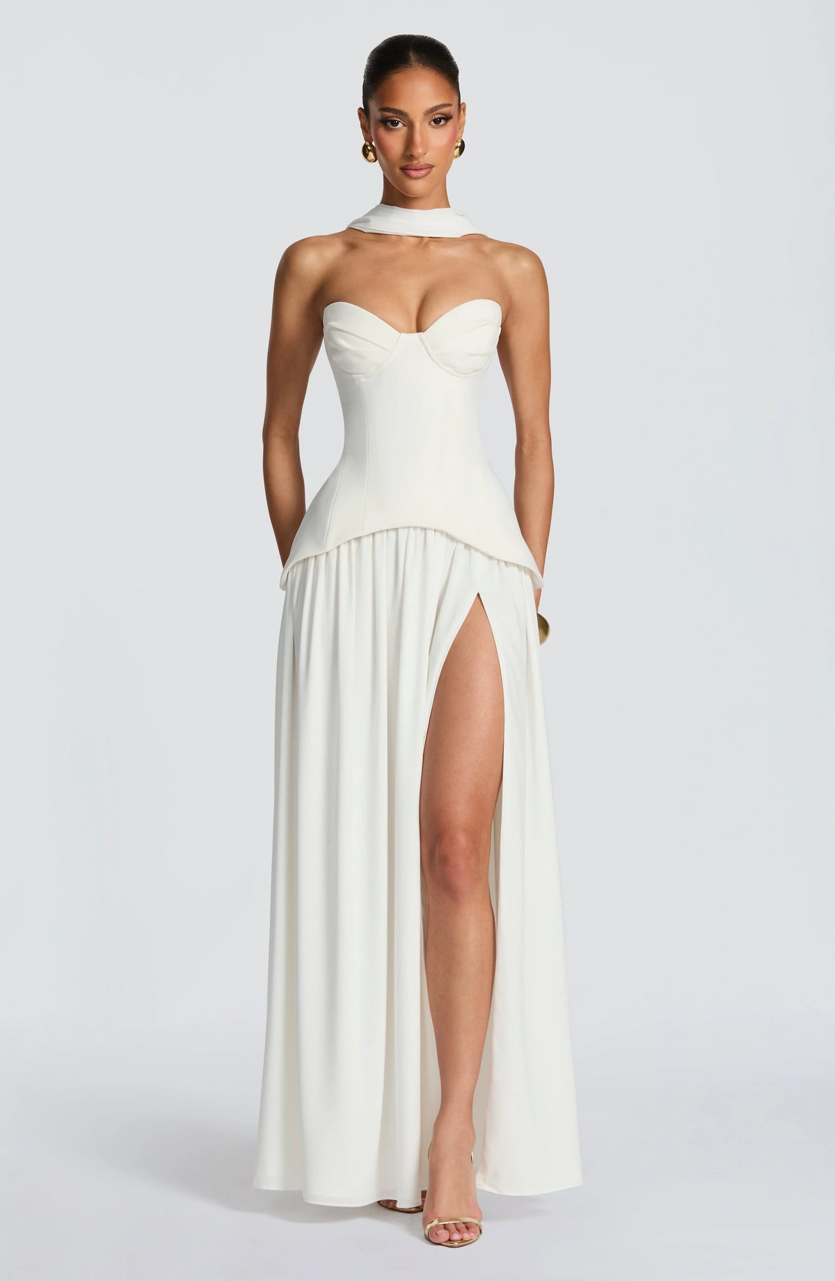 Elegant Ivory Maxi Dress with Sculpted Bodice & Flowing Skirt