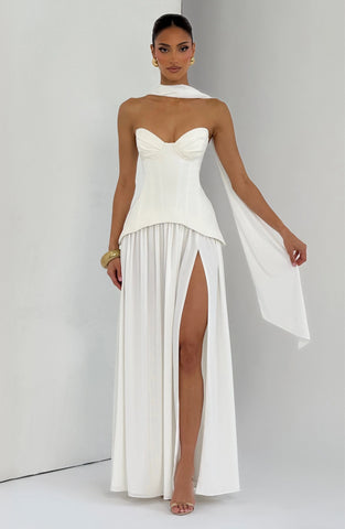 Elegant Ivory Maxi Dress with Sculpted Bodice & Flowing Skirt