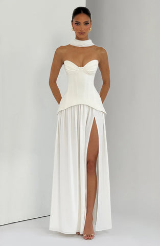 Elegant Ivory Maxi Dress with Sculpted Bodice & Flowing Skirt